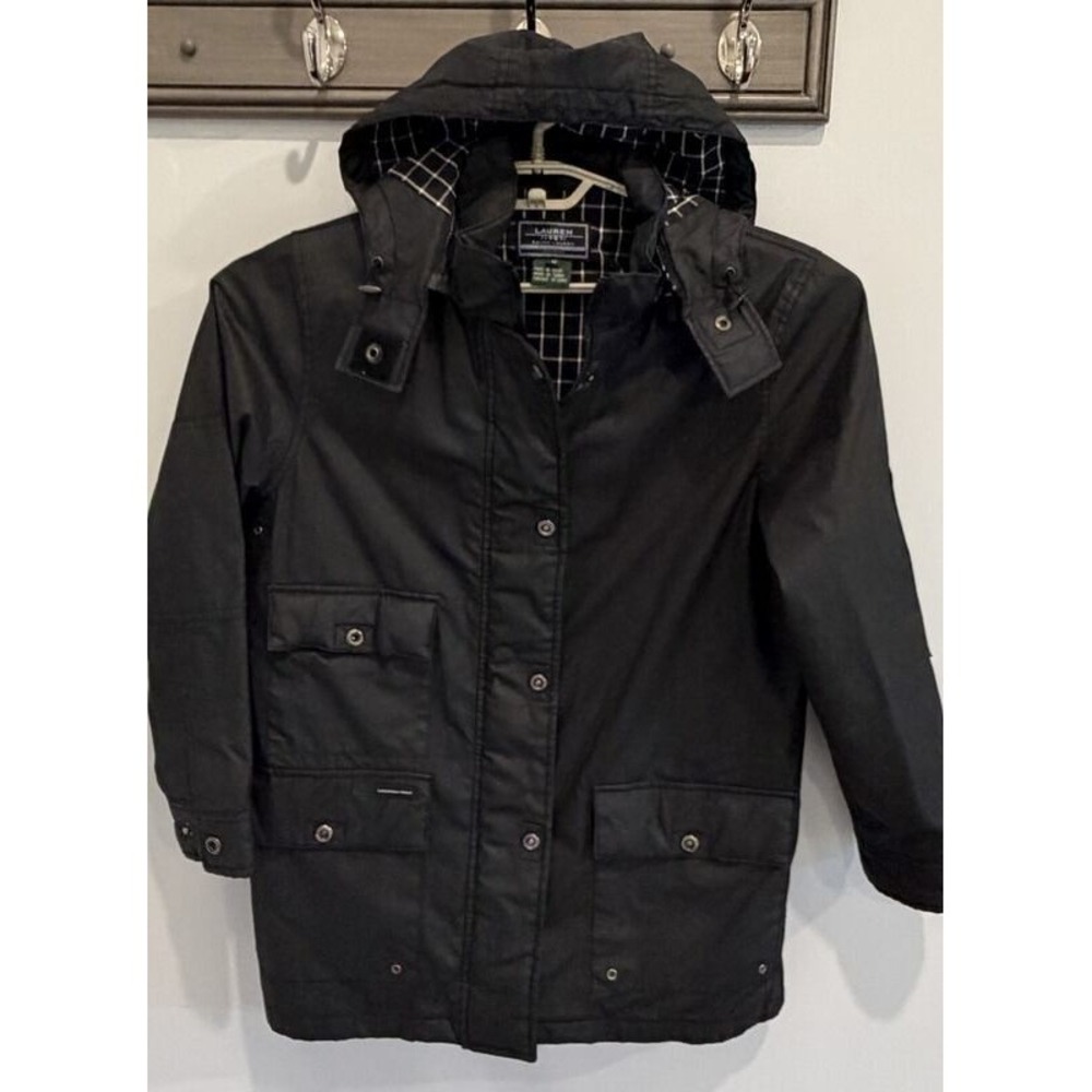 Lauren Ralph Lauren Black Coated Cotton Canvas Jacket Removeable Hood Zipper M